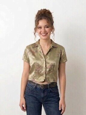 Accomplice Vintage 90s Floral Jacquard Cropped Blouse - Flaws - Small